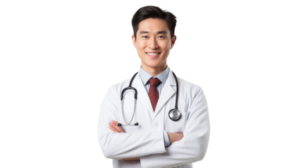 Young asian doctor with a whitecoat and a stethoscope smiling with his arms crossed on a transparent background