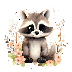 whimsical watercolor raccoon - obrazy, fototapety, plakaty