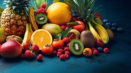 The tropical exotic fruit is harvested on a blue background and includes papaya, lemons, bananas, pineapple, cumquat, and tamarillo as ingredients for smoothies that are both healthy and