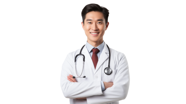 Young asian doctor with a whitecoat and a stethoscope smiling with his arms crossed on a transparent background