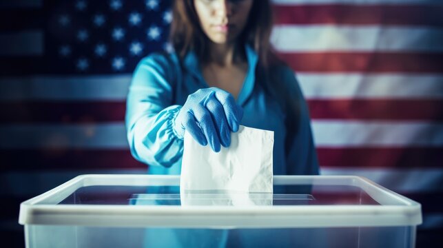 responsible citizenship with an image of a woman in blue gloves placing the USA flag in a voting box.