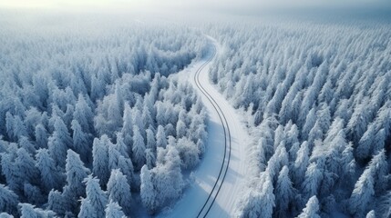 Curvy windy road in snow covered forest, top down aerial view.