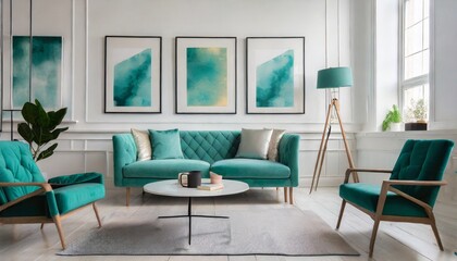Teal sofa and armchair against white wall with three art posters. Scandinavian style home interior design of modern living room.