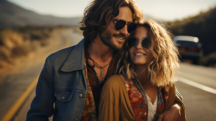 A happy hippie couple in love in the style of the 70s