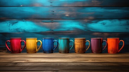 Fototapeta premium artistic scene featuring vibrant coffee cups on a wooden table against a grunge background.