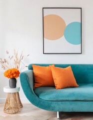Teal curved sofa with orange pillows against white wall with poster. Scandinavian style home interior design of modern living room