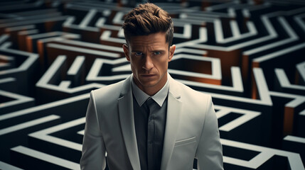 A businessman in a suit in a maze