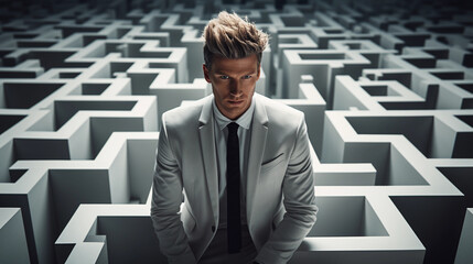 A businessman in a suit in a maze