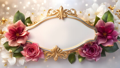Beautiful floral frame with gold for greetings on Valentine's Day, Mother's Day, wedding card, Elegant aristocratic background for card,