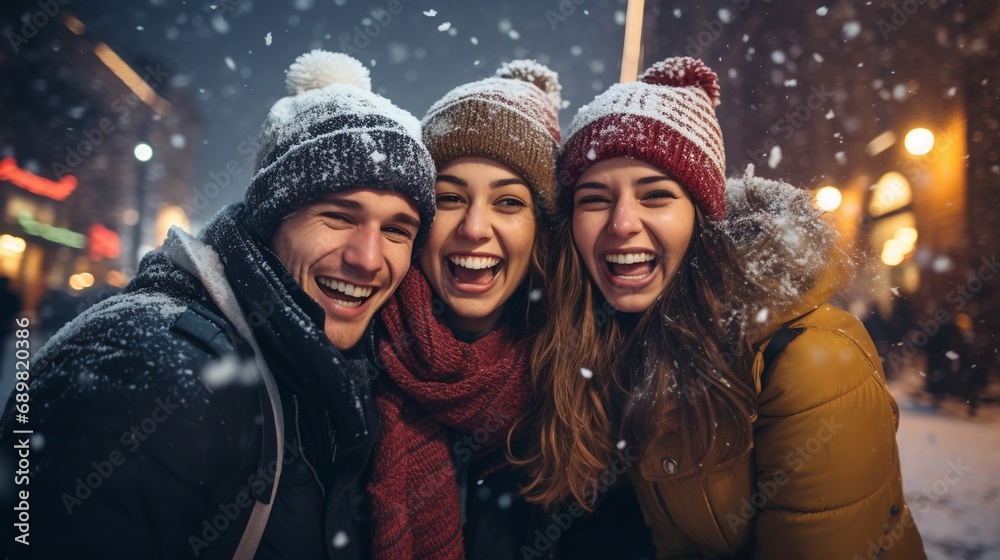 Wall mural Close up image of group of happy friends enjoying outdoor party on shiny street background - Group of young people celebrating and have fun on new year eve together, Holidays and friendship.