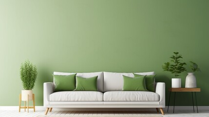 Home interior mock-up with beige sofa with green cushions, table and decor in living room on blank...