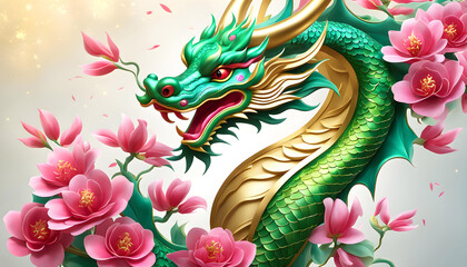 Obraz premium Chinese New Year greeting card, Chinese green wooden dragon on elegant background, Chinese New Year 2024,