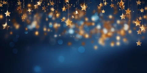 Fotobehang golden xmas stars on blue background for merry christmas or season greetings message,bright decoration.Elegant holiday season social post digital card. Copy type space for text or logo. © Jasper W