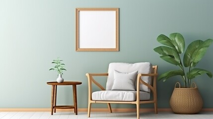 Mockup frame close up in modern home interior with rattan furniture, on blank green painted backgrounds.