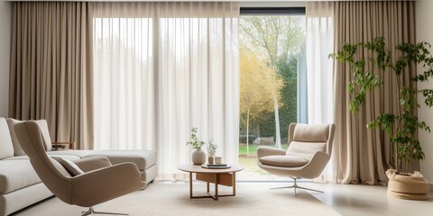 Modern living room interior with beautiful beige curtain on large bright windows, cozy cream colors...