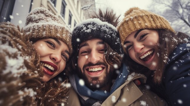 Close up image of group of happy friends enjoying outdoor party on shiny street background - Group of young people celebrating and have fun on new year eve together, Holidays and friendship.