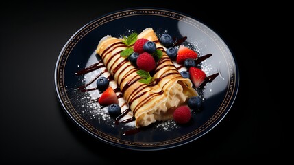 The image above is a glimpse of citrus fruits in a crepe that has been decorated with chocolate sauce on a blue plate with a notebook in mixed colors.