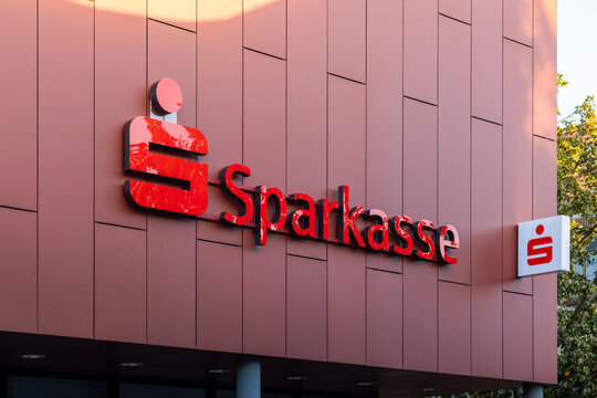 BAD LIEBENWERDA, GERMANY - 9. September 2023: Sparkasse logo sign of the German savings bank. Logotype on the building exterior. The business offers financial solutions like credits.