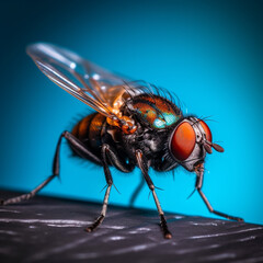 Macro photo of fly on a blue background Generative ai