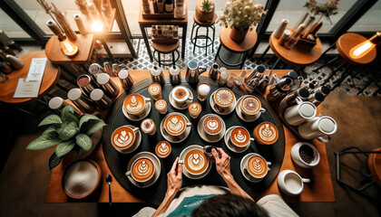 Amazing Display of Barista Craft and LAtte Art from Above. AI Generated