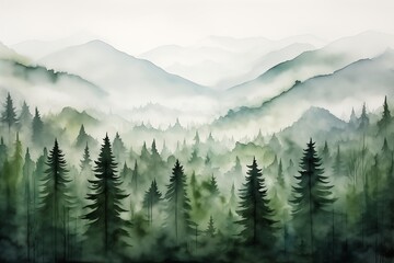 forest mountain background emerald color monochromatic wash inks floating hemlocks deep forests - obrazy, fototapety, plakaty