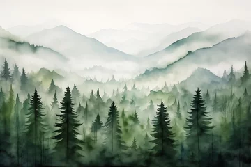 Poster forest mountain background emerald color monochromatic wash inks floating hemlocks deep forests © Cary