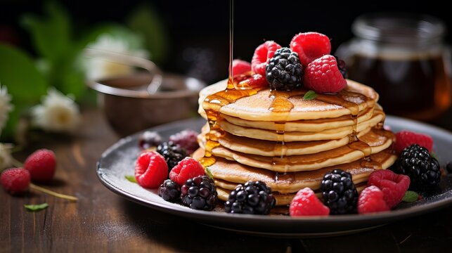A close up image showing homemade pancakes that are delicious and filled with berries and honey on a dark wooden background with a coffee pot.