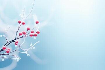 Winter background with snow-covered frozen tree branches with empty text space, rowan berry, snowfall on watercolor bokeh backdrop. Snowy weather vector design