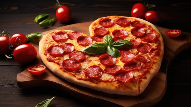 mouthwatering image of a heart-shaped pepperoni pizza on a wooden background, perfect for Valentine's Day