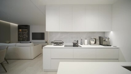 A luxurious kitchen with a large island, gold faucet and sputnik chandelier, stainless steel appliances, and white marble countertops.