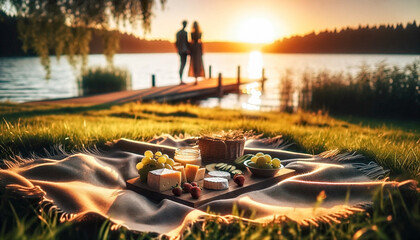 Romantic Serenity: Lakeside Picnic at Sunset, AI generated 