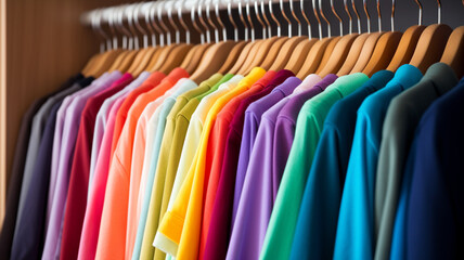 colorful clothing on hangers in store.