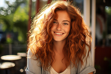 Fototapeta premium Beautiful woman with red hair in a cafe