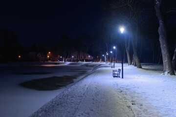 Staw nocą, w zimowej scenerii. Powierzchnnia stawu skuta lodem, brzeg pokryty warstwą białego...