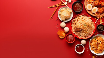 delicious italian pasta with tomato, pepper, basil, garlic, garlic, pepper and basil leaves on red background, top view. traditional chinese food