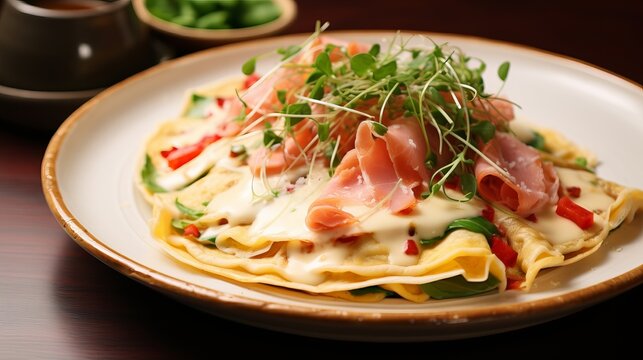 A picture of a scrumptious crepe that features serrano ham, cream cheese, and chipotle dressing.