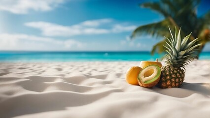 AI generated illustration of a beach with two pineapples, one of which is ripe and ready to eat