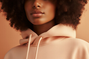 macro shot close up detail of a black woman in peach fuzz color sweatshirt and joggers on a pastel...