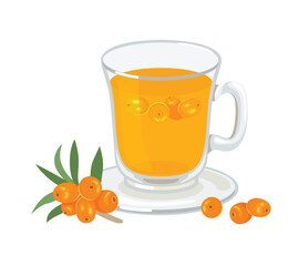 Sea buckthorn berry tea in a glass cup. Vector cartoon flat illustration of healthy hot fruit drink.