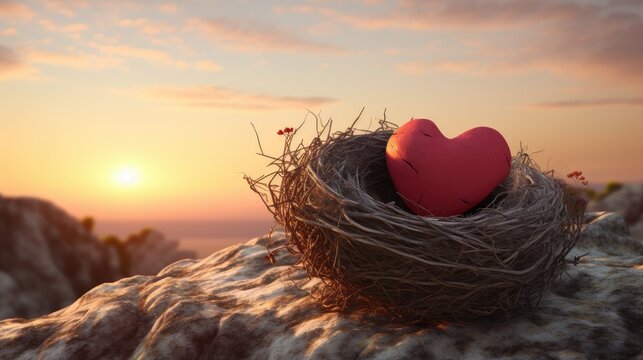 essence of romantic trials with a striking image portraying a red heart positioned atop a cliff in a nest.