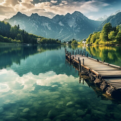 A serene lakeside scene with mountains .Generative ai