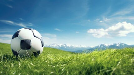 exhilarating image showcasing a soccer ball against a vivid blue sky and lush green grass backdrop.