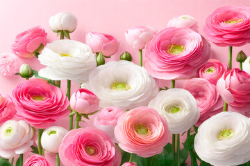Fototapeta premium Beautiful flowers composition in pastel colors: pink and white ranunculus. Perfectly for Birthday, Women's Day, anniversary and Valentine's Day.