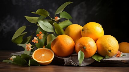 Quinces and oranges are placed on a board on top of the marble table