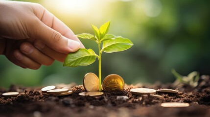 A seedling growing on a pile of coins and a hand that is giving coins to the tree, ideas for saving money and growing economically. - obrazy, fototapety, plakaty
