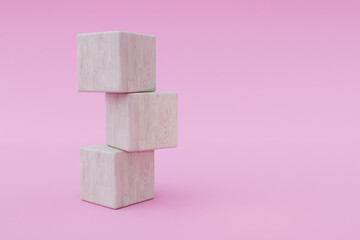 wooden stack of three cubes on infinite background; pedestal for beauty, cosmetic product presentation. copy space template, 3D Illustration