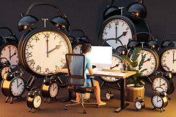 man sitting at pc office workplace on infinite background surrounded by huge alarm clocks bell; workload stress burnout concept; 3D Illustration