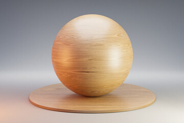wooden podium with sphere ball on infinite background; pedestal for beauty, cosmetic product presentation. copy space template, 3D Illustration