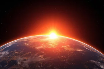 Fotobehang Sunrise view of the planet Earth from space with the sun setting over the horizon © DK_2020