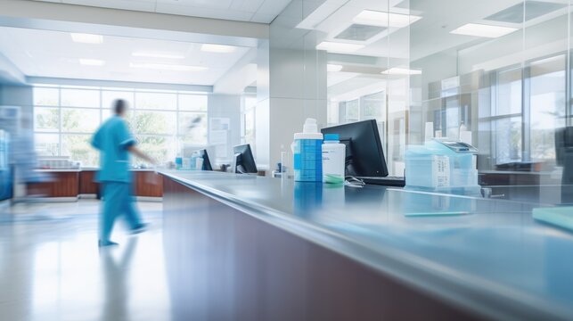 N Appealing Visual With A Blurry Interior Of A Business Building, Showcasing A Customer Reception Or Service Counter.